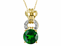 Chrome diopside 1.97ct round with diamond accent .02ctw round 10k yellow gold pendant with chain. Pendant measures approximately 3/4 inches in drop and 5/16 inches in width and has a 2.5mm bail. Chain measures 18 inches with a spring ring clasp.