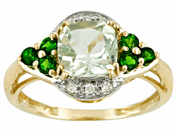 Prasiolite 1.38ct cushion cut, with chrome diopside .35ctw round and diamond accent .05ctw round 10k yellow gold ring. Measures approximately 7/16"L x 1/16"W.