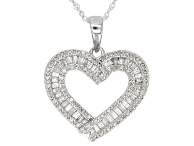 .50ctw Baguette & Round Diamond Rhodium Over Sterling Silver Heart ...