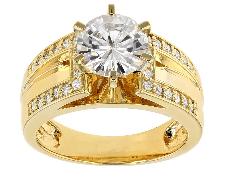 Moissanite Fire(R) 2.20ctw Dew Round 14k Yellow Gold Over Silver Ring
